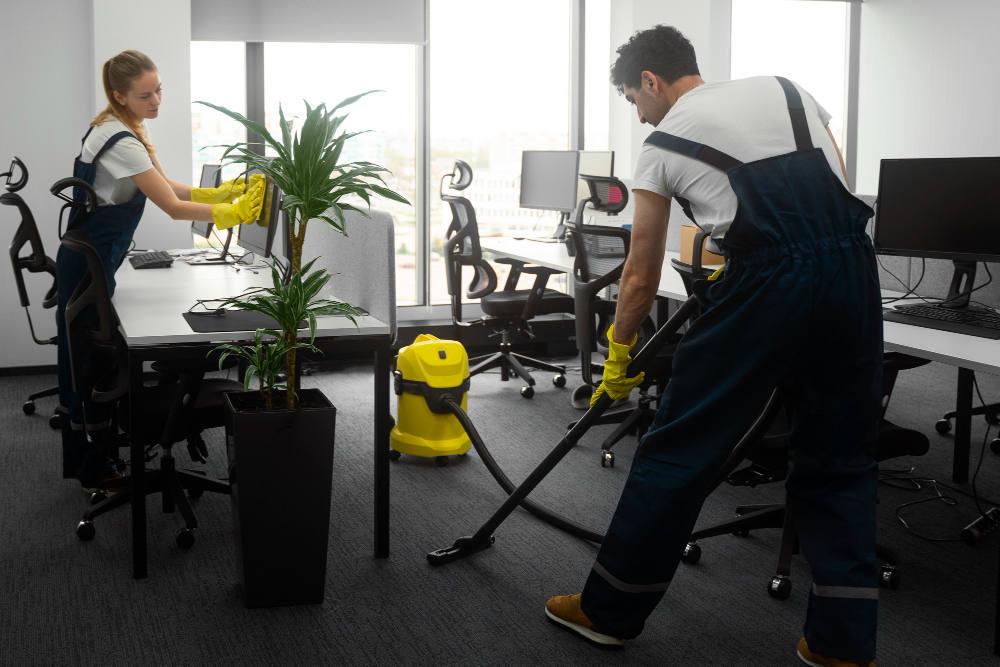 a male and female cleaning the office